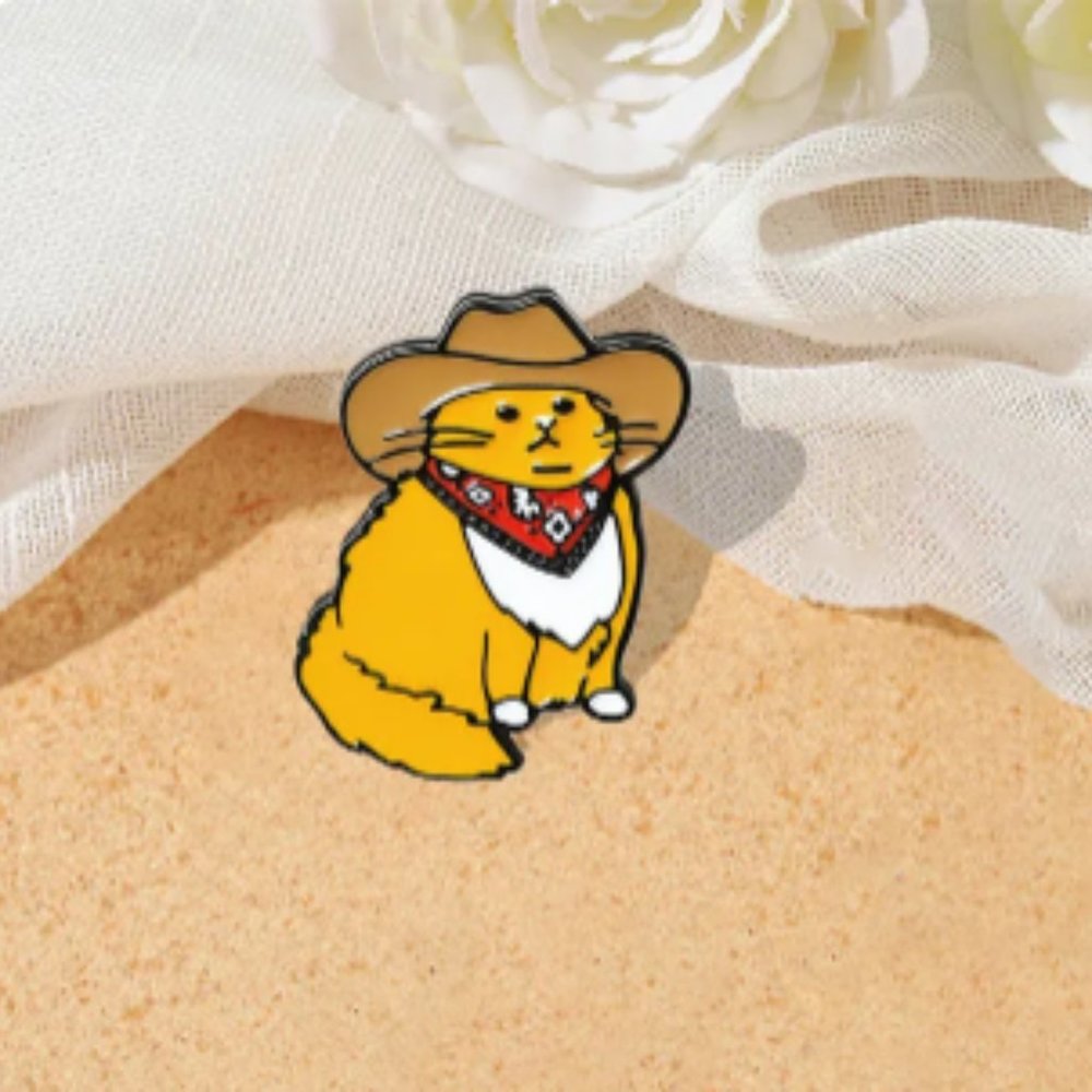 Cowboy Cat Enamel Pin - Yellow Cat with Brown Hat and Red Bandana